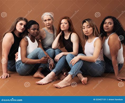 Diverse Women In Casuals Sitting On Brown Background Multi Ethnic