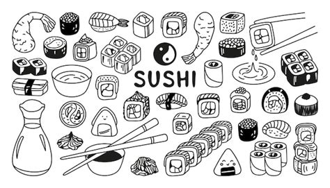 Premium Vector Japanese Sushi Roll Set In Hand Drawn Doodle Style