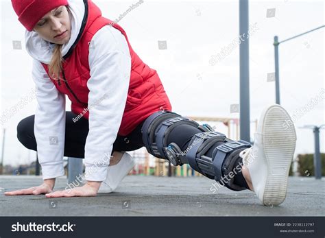 Woman Wearing Knee Brace Orthosis After Stock Photo 2238112797