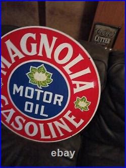 Magnolia Gasoline Motor Oil Porcelain Enamel Sign Inches Double