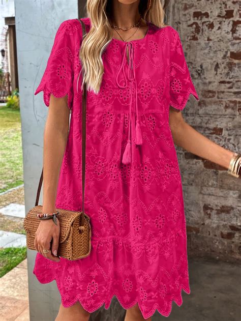 Shein Lune Vestido Smock Con Bordado Con Ojal Ribete En Abanico Bajo