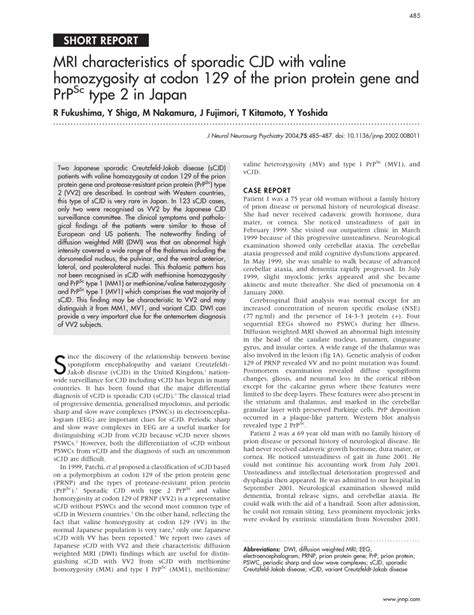 Pdf Mri Characteristics Of Sporadic Cjd With Valine Homozygosity At