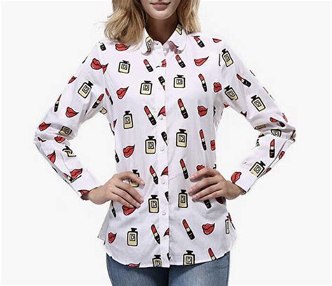 Dioufond Women S White Cotton Button Down Lips Lipstick Print Casual