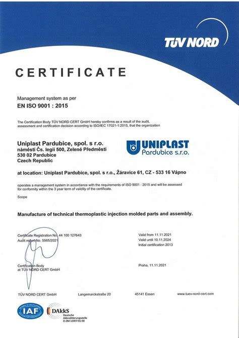 Certifikace UNIPLAST Pardubice Spol S R O