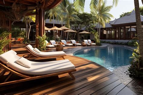 Premium AI Image Pool In Hotel Wooden Terrace With Sofas And Sun