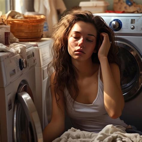 Premium Photo Beautiful Woman Tired Next To Washing Machine