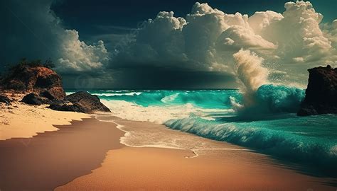 Blue Wave Crashing On The Beach With Big Clouds Background Pretty