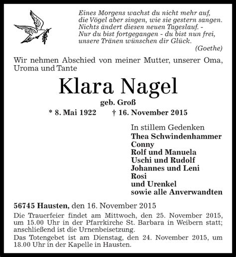 Traueranzeigen Von Klara Nagel Rz Trauer De