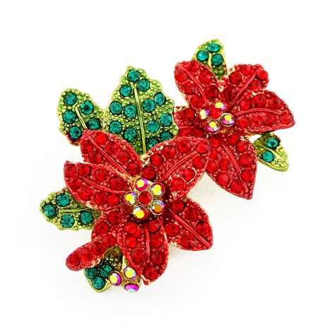 Crystal Christmas Flower Brooch Rhinestone Xmas Brooch Red Crystal