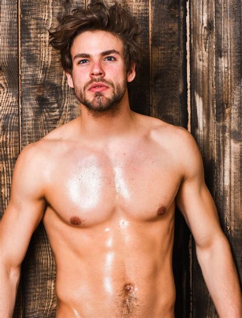 Sportsman Show Six Pack Torso Bachelor Body Chest And Belly Guy Seductive Glance Shimmering