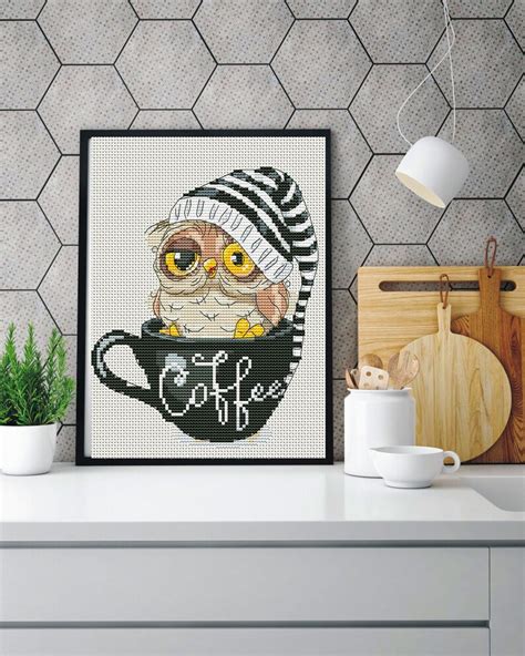 Owl Cross Stitch Pattern Coffee Cross Stitch Kitchen Cross Etsy