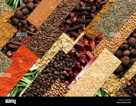 Collage With Photos Of Different Spices And Herbs Top View Stock Photo