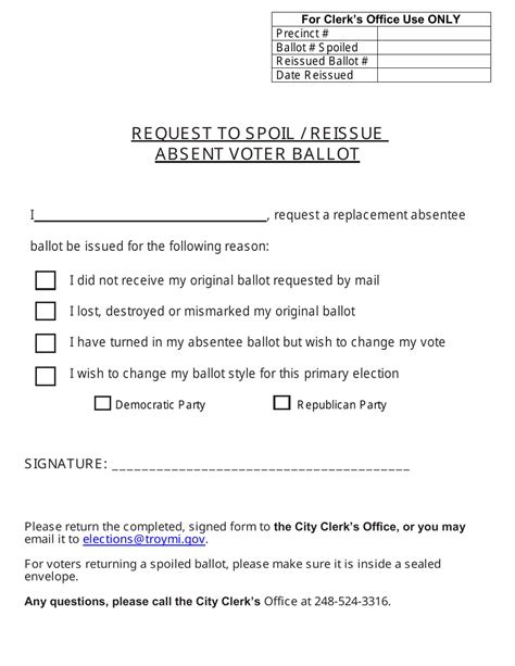 City Of Troy Michigan Request To Spoil Reissue Absent Voter Ballot