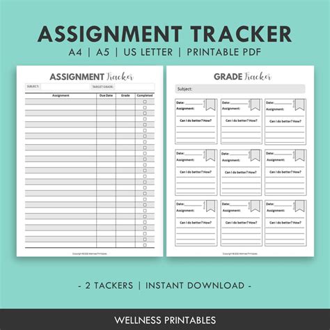 Assignment Tracker Printable College Student Academic Planner Homework