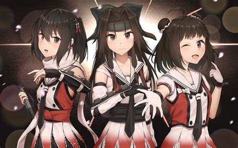 Safebooru 3girls Absurdres Antenna Hair Black Gloves Black Hair Black