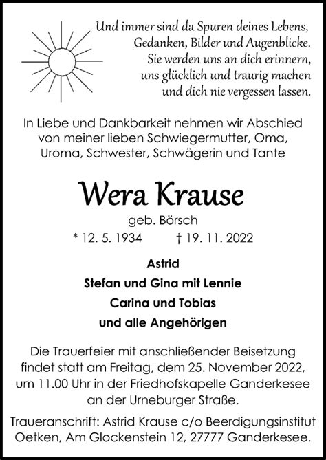 Traueranzeigen Von Wera Krause Noz Trauerportal