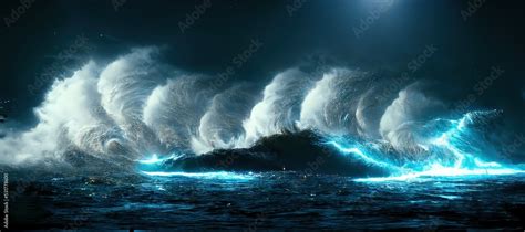 Raster Illustration Of Waves In The Sea On A Cloudy Sky Severe Storm