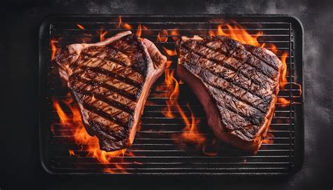 Premium Photo Steaks Cooking On A Grill With Flames