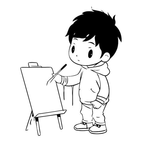 Premium Vector | Boy painting on canvas vector illustration cute cartoon boy drawing on easel