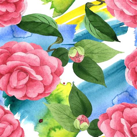 Pink Camellia Flowers Green Leaves Background Watercolor Paint Spills