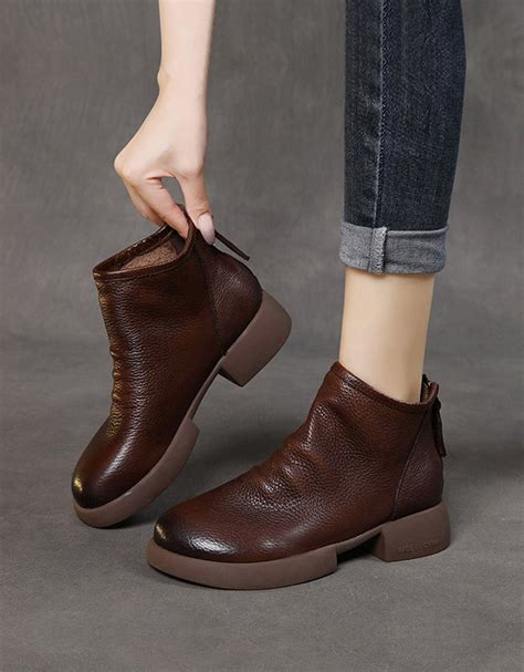 Genuine Leather Soft Leather Round Toe Ankle Boots — Obiono