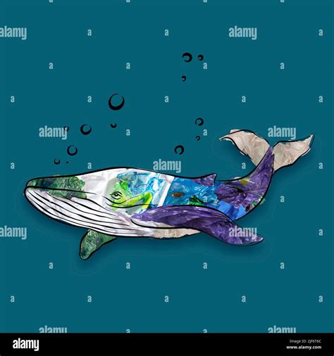 Contemporary Conceptual Art Collage With Drawn Fish Whale Filled With