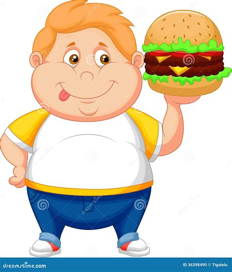 Fat Boy Cartoon Smiling And Ready To Eat A Big Hamburger Stock Vector