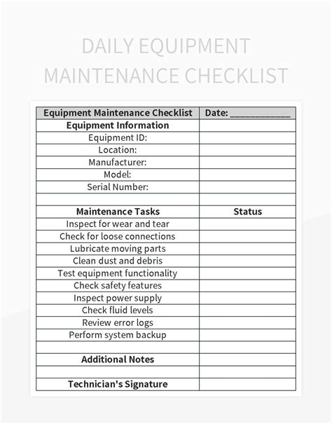 Daily Equipment Maintenance Checklist Excel Template And Google Sheets