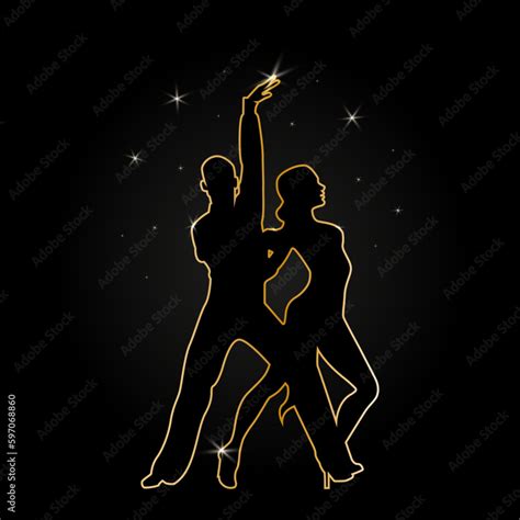 Dancers couple black silhouettes golden outline on a black background ...