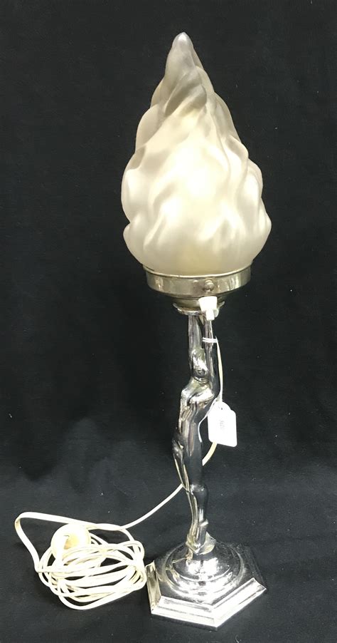 An Art Deco Lamp Lady Holding Frosted Glass Torch Flame Theodore