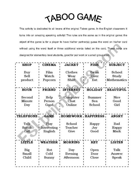 Taboo Game ESL Worksheet By Alena123