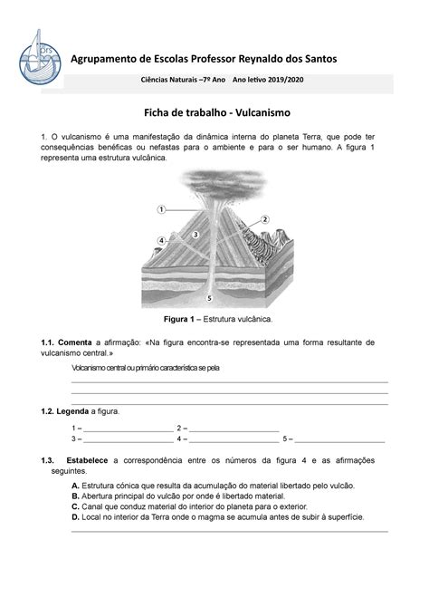 Cópia De Ficha De Trabalho Vulcões Agrupamento De Escolas Professor Reynaldo Dos Santos