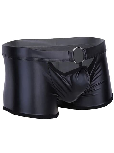 S Xl Faux Pu Leather Boxershorts Metal Ring Convex Pouch Mens Boxer