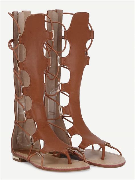 Tan Knee High Suede Lace Up Sandals Sheinsheinside