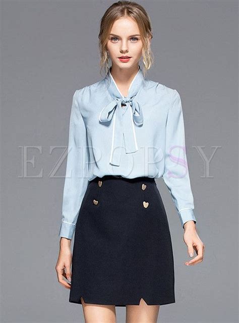 Shop Color Blocked Stand Collar Bowknot Blouse High Waist Mini Skirt