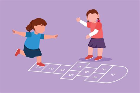 Graphic flat design drawing two little girl playing hopscotch at ...