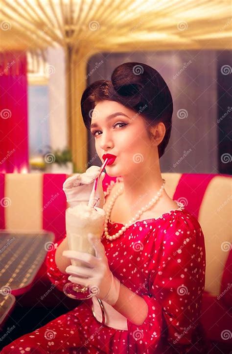 Pin Up Girl Drinks Milkshake Through A Straw Stock Image Image Of