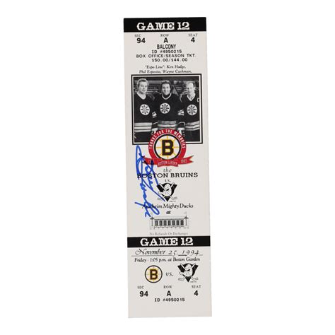 Ken Hodge Signed 1994 Bruins Game Ticket YSMS Pristine Auction