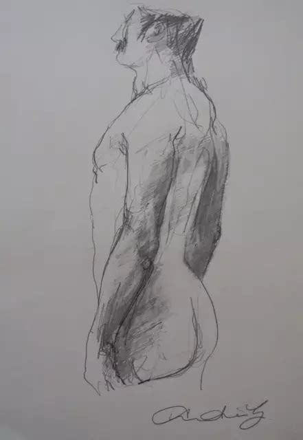 Original Pencil Drawing Sketch Of A Male Nude Model In A Standing Pose