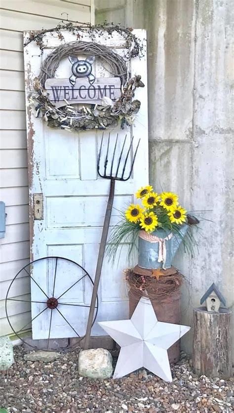 Rustic Garden Decor Old Door With Sunflowers And Tools