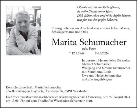 Traueranzeigen Von Marita Schumacher Vrm Trauer De