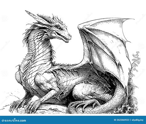 Dragon With Wings Sketch Hand Drawn Sketch Engraving Style Stock