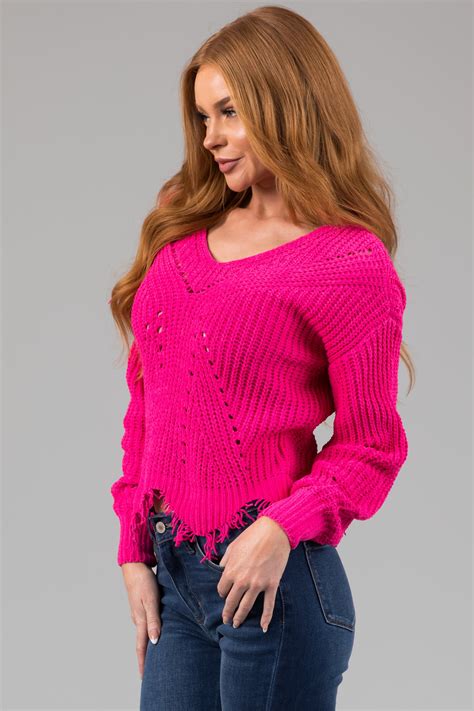 Hot Pink Scalloped Fringe Hem Chenille Sweater Lime Lush Boutique