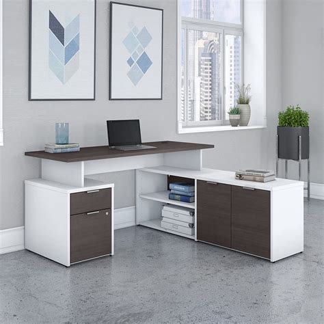 White And Wood L Shaped Storage Desk With Cabinets And Lockable Filing