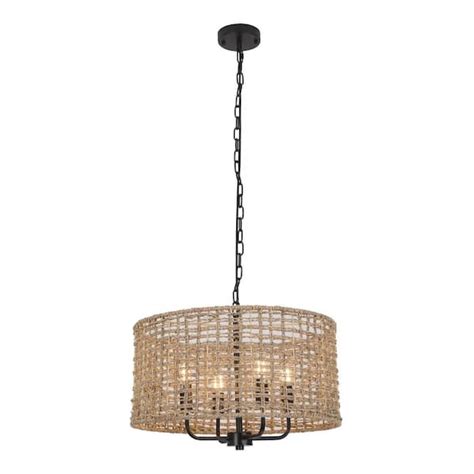 OUKANING 60 Watt 4 Light Brown Rattan Shaded Pendant Light With Hand