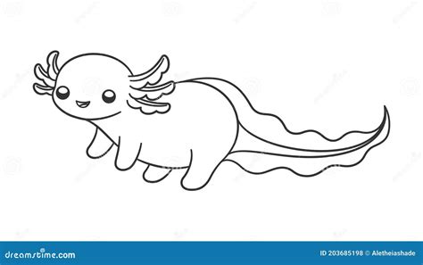 Happy Axolotl Head Cartoon Black And White Outline Vector Illustration