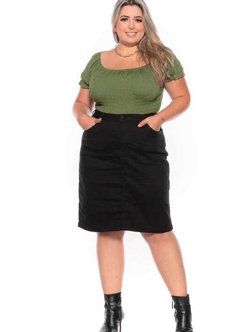 Shyros Saia Reta Almaria Plus Size Shyros Jeans Preto Saia Reta