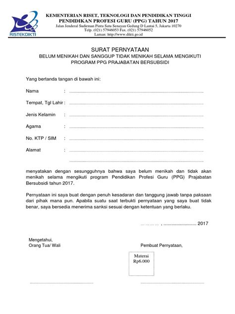 Contoh Surat Pernyataan Tidak Menikah Selama Pendidikan Kumpulan Surat Penting