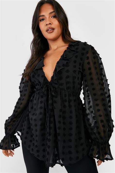 Plus Large Dobby Chiffon Ruffle Smock Top