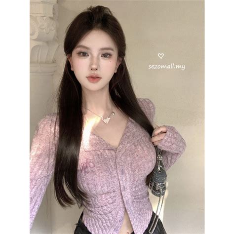 Sezo Korean Fashion Pink V Neck Long Sleeve Knitted Cardigan Womens Thin Fit Spicy Girl Short